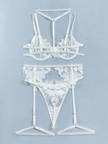 Image of Lilosy Sexy Choker Floral Lace Scallop Sheer Underwire Push Up Garter Belt Lingerie Set 3 Piece