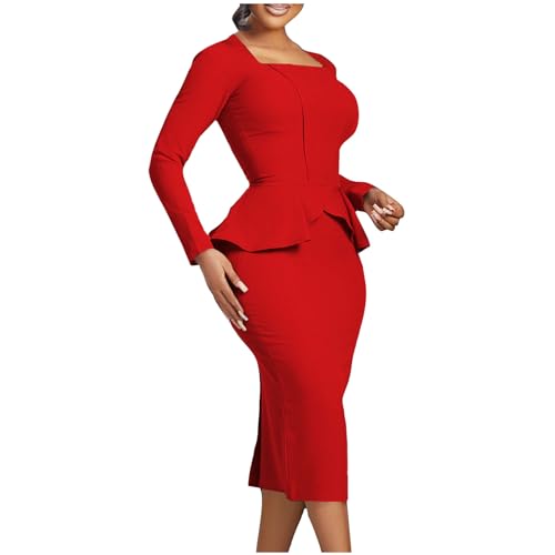 Zeiayuas Elegant Women's Square Neck Ruffle Midi Dress - Long Sleeve, Work Office Formal Bodycon, Plain Wrapped Pencil Dress - Red