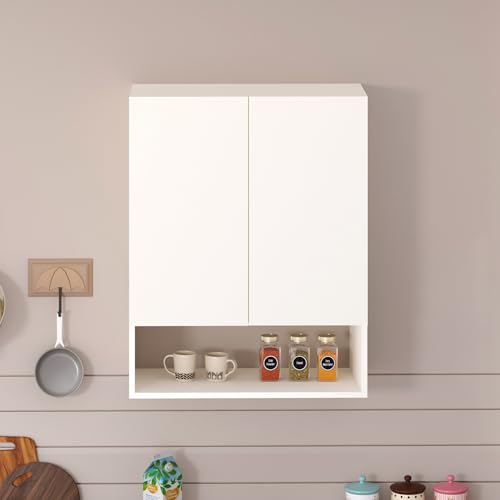 Image of BLUEWUD Opryt with Shelf Kitchen Cabinet Rack, Wall Mounted Storage Crockery Cabinet Unit for Kitchen Utensils, Jars, Spices, Space Saving Modular Cupboard for Home & Kitchen DIY (White)