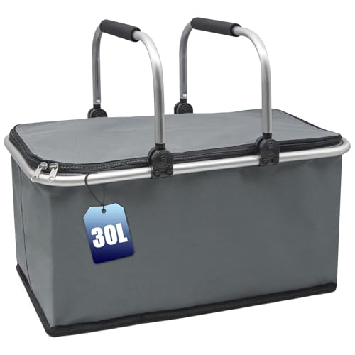 Xiaozhifu Cesta de piquenique 30 l, grande portátil cesta dobrável impermeável, bolsa térmica com moldura de alumínio estável, cesta de piquenique Oxford com alças resistentes para campismo