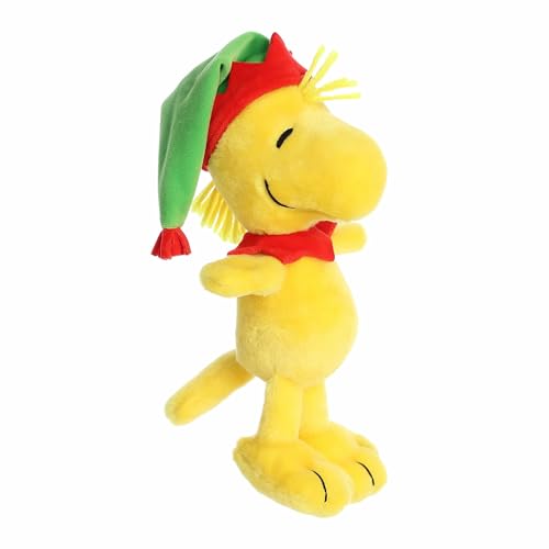 Aurora® Festive Peanuts® - Peluche de elfo Woodstock, juguetes con licencia oficial para todos los fans de Snoopy, perfecto para decoraciones navideñas o regalos, amarillo, 10 pulgadas