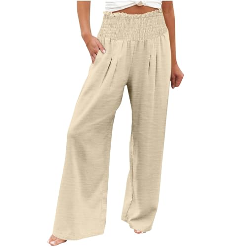 Linen Pants Women Drawstring Waist Wide Leg Linen Pants High Waist Summer Casual Pants Pockets Vacation Beach Trousers