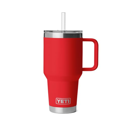 YETI Rambler 35 oz Straw Mug 2.0 - Double-Wall Vacuum Insulation for Cold Beverages Dishwasher Safe Cupholder Compatible Reusable Straw Comfortable Grip Handle Travel Mug - Rescue Red