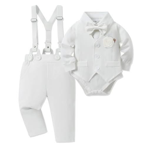 SOLOYEE Baby Boy Clothes Suit Newborn Infant Christening Baptism Outfit Shirt+Bowtie+Vest+Corsage+Suspender+Pants Gentleman Wedding Outfits 6Pcs Set (3-6 Months, White)