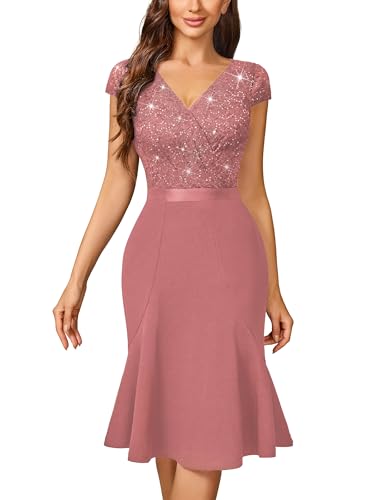 Image of Miusol Women's Elegant V Neck Sequin Glitter Lace Ruffle Style Cocktail Prom Dress