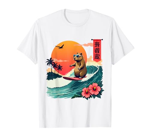 Capybara japonais surfant Kanagawa Wave Funny Surf Animal T-Shirt