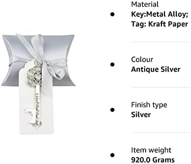 50pcs Wedding Favor Souvenir Gift Set Pillow Candy Box Vintage Skeleton Key Bottle Openers Escort Thank You Tag French Ribbon (Antique Silver)
