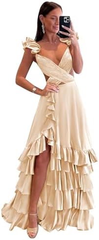 Mollyevers Ruffle Satin Prom Dresses for Women Long Tiered V Neck...