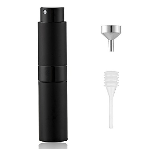 香水アトマイザーセット(漏斗、スポイト付き) 回転プッシュ式 スプレー ボトル 香水スプレー 詰め替え 持ち運び 身だしなみ 携帯用 (8ml マットブラック)