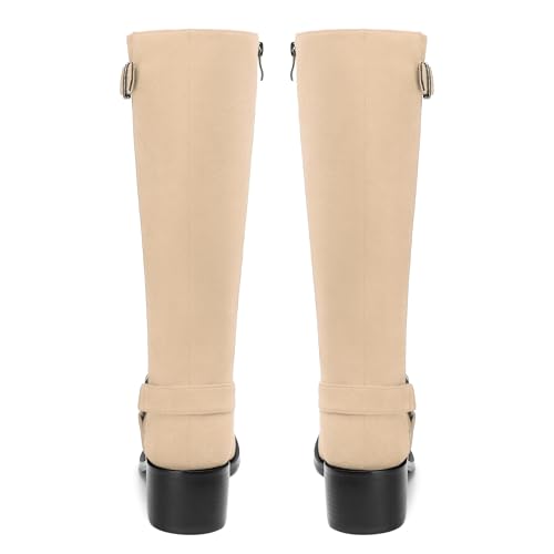 Women's Knee High Boots Buckle Fashion Side Zipper Knee High Bootie Round Toe Chunky Heel Solid Suede Knee High Boot4