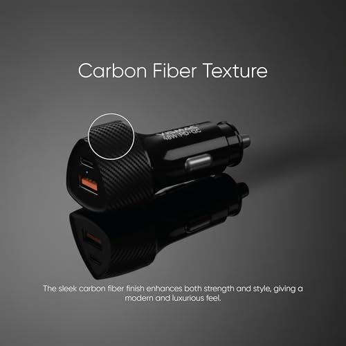 Image of Vismac 48W PD & QC Fast Car Charger | Dual Port USB-A & Type-C | Carbon Fiber Design | Smart LED Indicator | Quick Charge with Over Voltage, Temperature & Current Protection