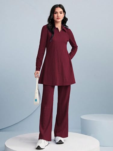 Image of TADKEE Women's Solid Color Two-Piece Set | Long Sleeve Top & Wide Leg Pants Co-ord Set | Casual Wear Co ord Set