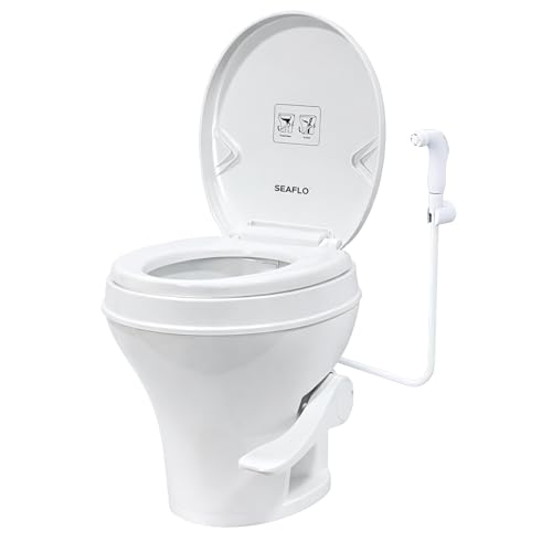 SEAFLO Residential Height Camper/RV Toilet with Sprayer Attachment, 18.5” Standard Height, Gravity Flush System, Foot Pedal Operation, Soft Close Seat, 4-Year Warranty (With Sprayer Attachment)