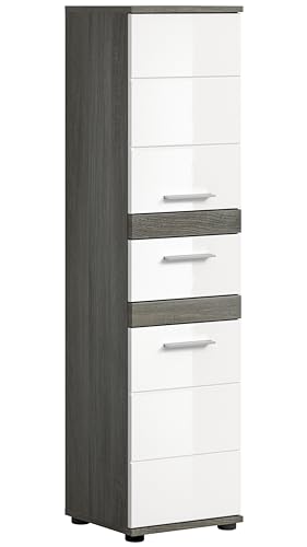 xonox.home - Standschrank Blake 35x134x31 cm in Front weiß Hochglanz Korpus rauchsilber Nb - Hochschrank Badschrank Badezimmerschrank - modern, platzsparend und funktional