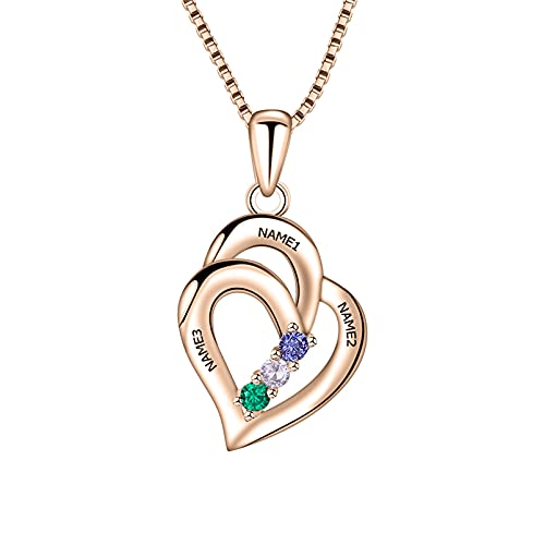 ORFAN Personalized 3 Names Mothers Necklace with Simulated Birthstones Custom Heart Pendant Necklace Personalized for Mother's Day (Rose gold)