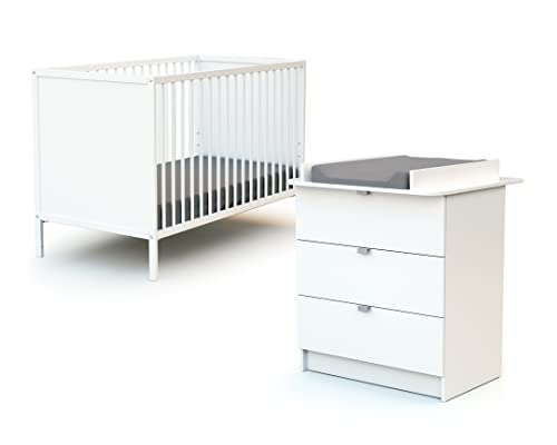 WEBABY - Cuna bebé y cómoda cambiador madera ALBA - Blanco - 60 x 120