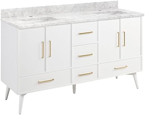 Signature Hardware 953912-60-RUMB-1 Novak 60" Freestanding Mahogany Double Basin Vanity Set with Cabinet, Vanity Top, and Rectangular Undermount Sinks - Single Faucet Holes - Bright White/Carrara