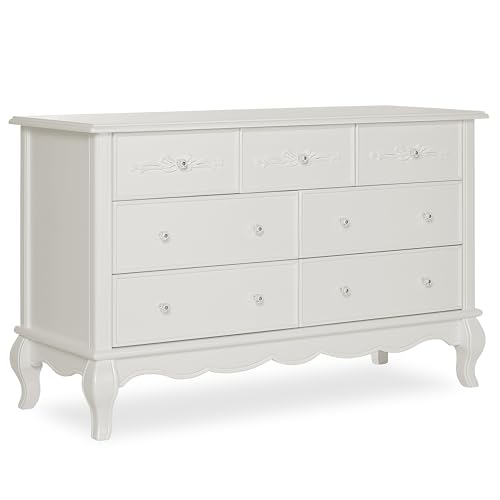 Image of Evolur Aurora 7-Drawer Nursery Dresser – Ivory Lace | Assembled Double Dresser with Crystal Knobs, Queen Anne Legs, Large Storage for Baby Essentials