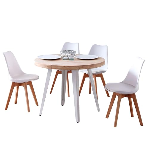 Conjunto de Mesa Extensible Redonda con 4 Sillas Estilo Moderno en Color Roble Nordish y Blanco