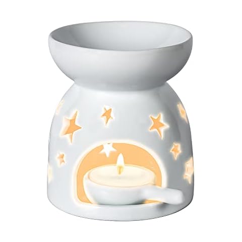 Vilike Essential Oil Burner, Ceramic Wax Melt Burners White Assorted Wax Tarts Aromatherapy Holder Wax Warmer, Candle Scented Diffuser for Bedroom Home Decor Office 90ml (Star Pattern) Cover