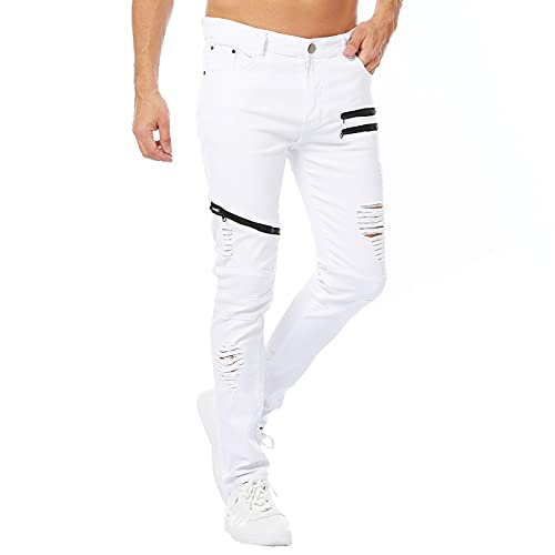 LONGBIDA Men s Ripped Holes Hip Hop Biker Stretchy Slim Skinny Jeans(White,34)