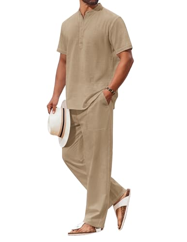 COOFANDY Men's 2 Piece Cotton Sets Casual Short Sleeve Henley