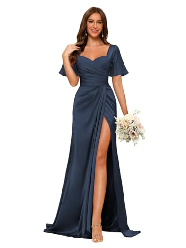 Dessiny Short Sleeves Satin Bridesmaid Dresses for Women with Slit V Neck Pleated Maxi Formal Dress DE232