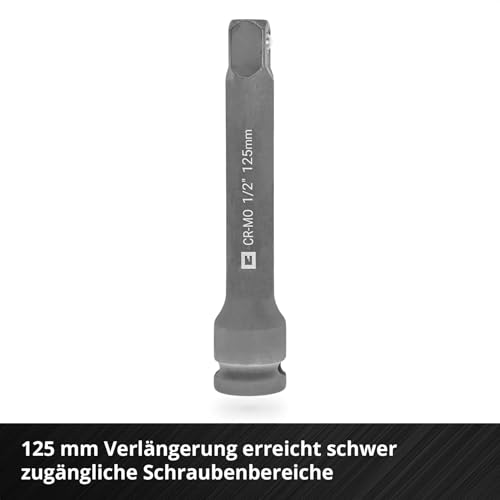 Oryginalny zestaw nasadek udarowych Einhell 12-częściowy (stal CrMo, rozmiary 10-21 mm, przedłużenie 125 mm, L-CASE z wkładką EVA, kompatybilny z grzechotkami 1/5.1 cm i kluczami udarowymi)