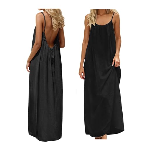 JHTK Backless Cami Dress, House Dress Backless Dress, Cami Lounge Dress House Dress Open Back Dress for Women Casual Summer (US, Alpha, Large, Regular, Regular, 01#Black)