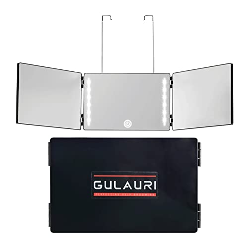 GULAURI 3 Way Mirror with LED Lights for Hair Cutting 360 Barber Mirror Trifold Mirror Portable Mirrors , Portable, ,Adjustable, Hands-Free