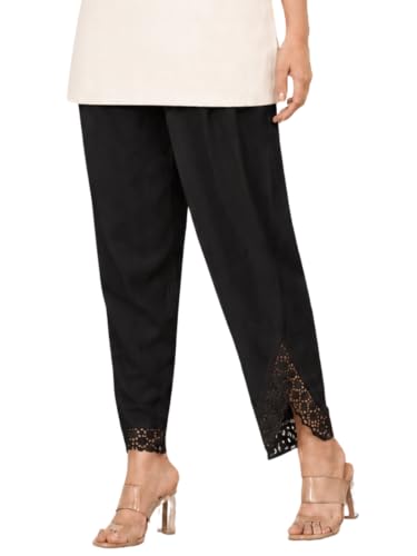 Image of Leriya Fashion Trousers for Women | Cotton Ethnic Palazzo Pants with Lace Embroidery | Elastic Waist Wide Leg Casual Women Trousers | Comfortable Summer Woman Trouser Pants