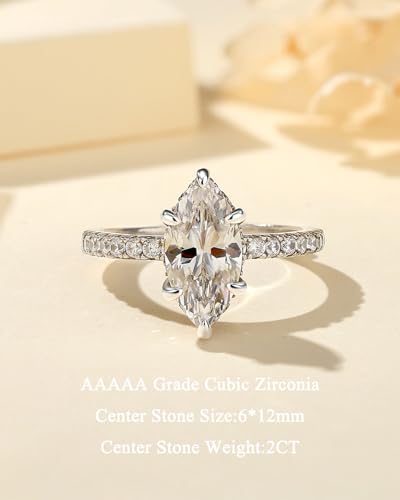 2CT Solitaire Elongated Marquise Cut Engagement Ring for Women, Simulated Diamond Promise Ring in 925 Sterling Silver2
