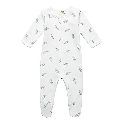 Owlivia Organic Cotton Baby Boy Girl Fleece Zip Up Sleep N Play, Footed, Long Sleeve (Size 0-18 Month) (Newborn, Feather)