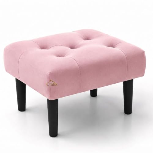 Image of Upholstered Foot Rest Ottoman Stool with Wooden Legs, Tufted Footstool for Living Room, Bedroom, Makeup Vanity, Entryway, Comfortable Footrest Bench, Modern Accent Ottoman (Pink)