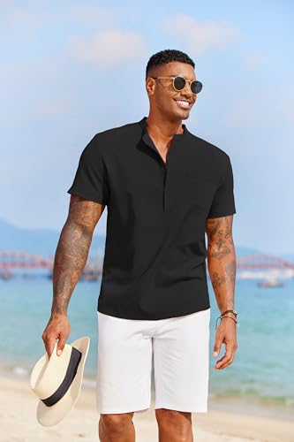 COOFANDY Men's White Solid Casual Short Sleeve Band Collar Henley Shirt with Pocket3