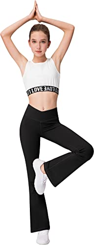 Bootcut Yoga Pants Flare Leggings for Girls - Crossover High Waisted Dance Pants with Pockets for Teens Black/Black/Black4