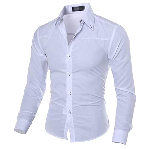 Men's Lightweight Casual Classic Dress Shirt Stylish Solid Button Down Shirts Loose Fit Long Sleeve Shirts (White,Medium)