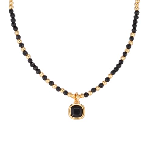Black Crystal Pendant Necklace 18k Gold Plated Beaded with Gemstones Chain Necklace for Women 17.7