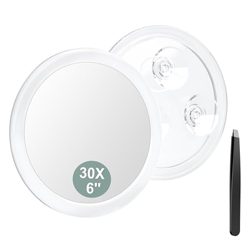 Auxmir Espejo de Aumento 30X 15cm con 3 Ventosa, Espejo de Maquillaje para Pared Baño, Espejo Portátil Redondo para Viaje, Transparente
