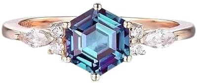 RARE JEWELS HUB Hexagon Cut Alexandrite Engagement Ring Unique Design Wedding Ring 14K Rose Gold Plated Anniversary Promise Ring for Women