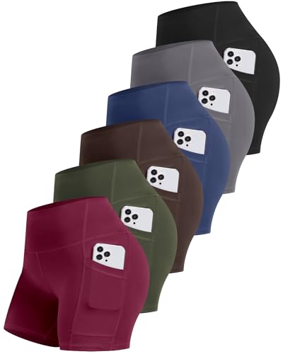 CHRLEISURE 6 Packs Womens Biker Shorts with Pocket, 5 Inch High Waisted Tummy Control Spandex Yoga...