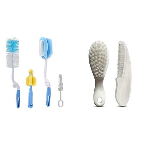 Image of Syga 4 Pcs Baby Milk Bottle Nipple Straw Brush Sponge Nylon Cleaning Brush Cleaner Bottle Tong Set R&Luvlap Elegant Baby Hair Brush and Comb Set, 0M+ (White)