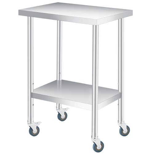 Image of Stainless Steel Table, 24 inch x 18 inch Heavy Duty Worktable with Adjustable Undershelf and Locking Casters, 2 Tier Metal Prep Table for Commercial Kitchen, Restaurant, Garages