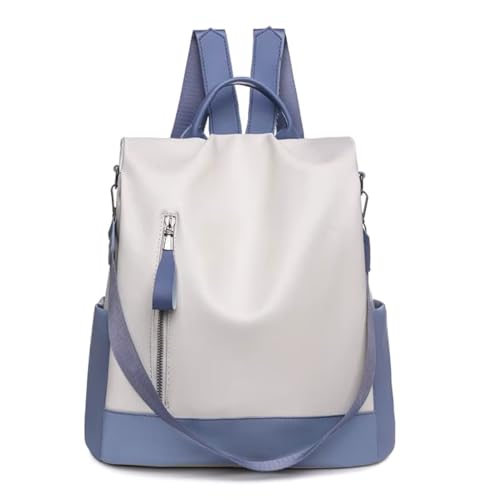 Mochila Feminina de Couro PU Antifurto Moda Simples Mochila Pequena Vintage E Versátil Casual Bolsa Viagem Multiuso Passeio Trabalho (Branco e Azul)