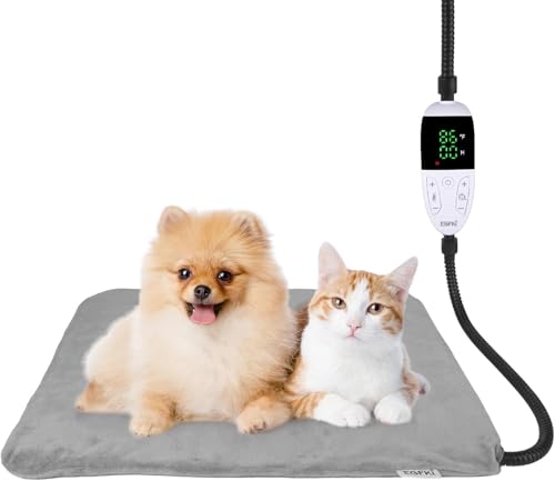 RINGCO Pet Heating Pad for Cats & Small Dogs with 12 Adjustable Temperature Waterproof & Chew Resistant Cat Heating Pad with Timer Heated Cat Bed with Fleecy Cover (S: 20 x 16)