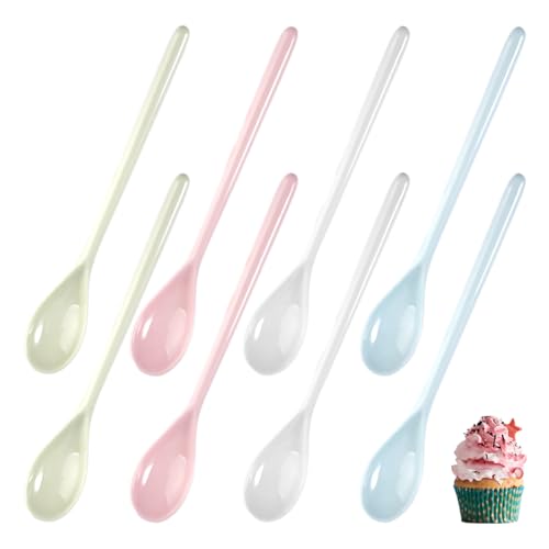 8 Stück Kunststoff-Löffel mit Langem Griff, 18.5cm Wiederverwendbare Plastiklöffel, Farbe Kunststoff Löffel, Plastiklöffel, Eierlöffel, Langer Stiel Eislöffel Plastik für Kaffee Getränke Eierjoghurt
