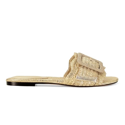 Image of ZJGZF Raffia Sandals for Women Buckle Straw flats Woven Braided Rattan Slides Summer Beach Sandals Comfort Cute Shoes