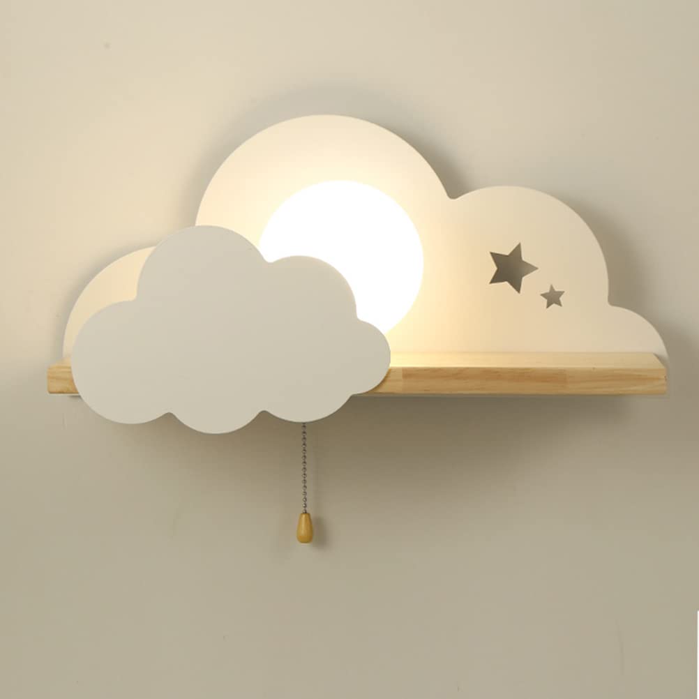 Lámpara de pared para niños con interruptor de tiro,con forma de nube, lámpara de pared para interiorescon estante E27, lámpara de pared de dibujos animados para habitación de niños, niña, niño,Blanco