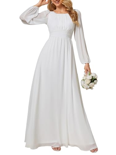 Ever-Pretty Damen Abendkleid Lang Elegant Maxi Hochzeit Lange Ärmel Chiffon Brautjungfernkleider Ballkleid Weiß 38