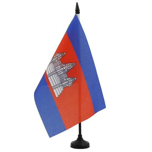 AZ FLAG - Drapeau De Table Cambodge 21x14 cm - Petit Drapeau Cambodgien De Bureau 100% Polyester Avec Hampe De 25cm Et Socle En Plastique Noir
